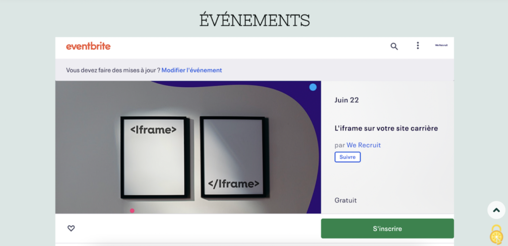 Iframe intégration plateforme Eventbrite