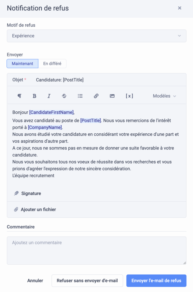 Modèle email refus